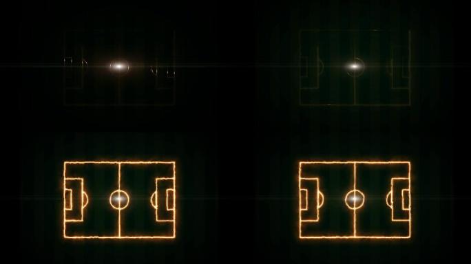 足球场或足球场的动画俯视图，场地布局上的火线，深绿色背景。UHD 4k。