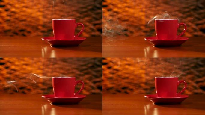 一杯咖啡放在红色碟子上的桌子上
