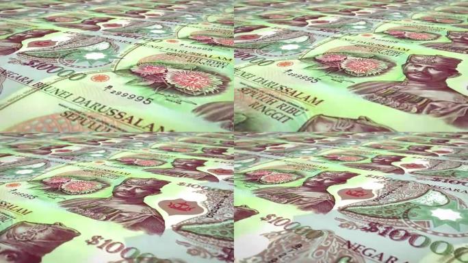 文莱达鲁萨兰国苏丹国银行的1,000林吉特或文莱元纸币在屏幕上滚动，世界硬币，现金货币，循环