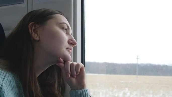 坐火车时看着窗户的年轻女子。冬天在铁路上旅行的迷人女孩的简介。特写
