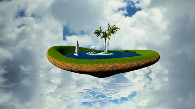 热带岛屿，有水，棕榈树和女人在沙滩上休息，抵御时光倒流的云