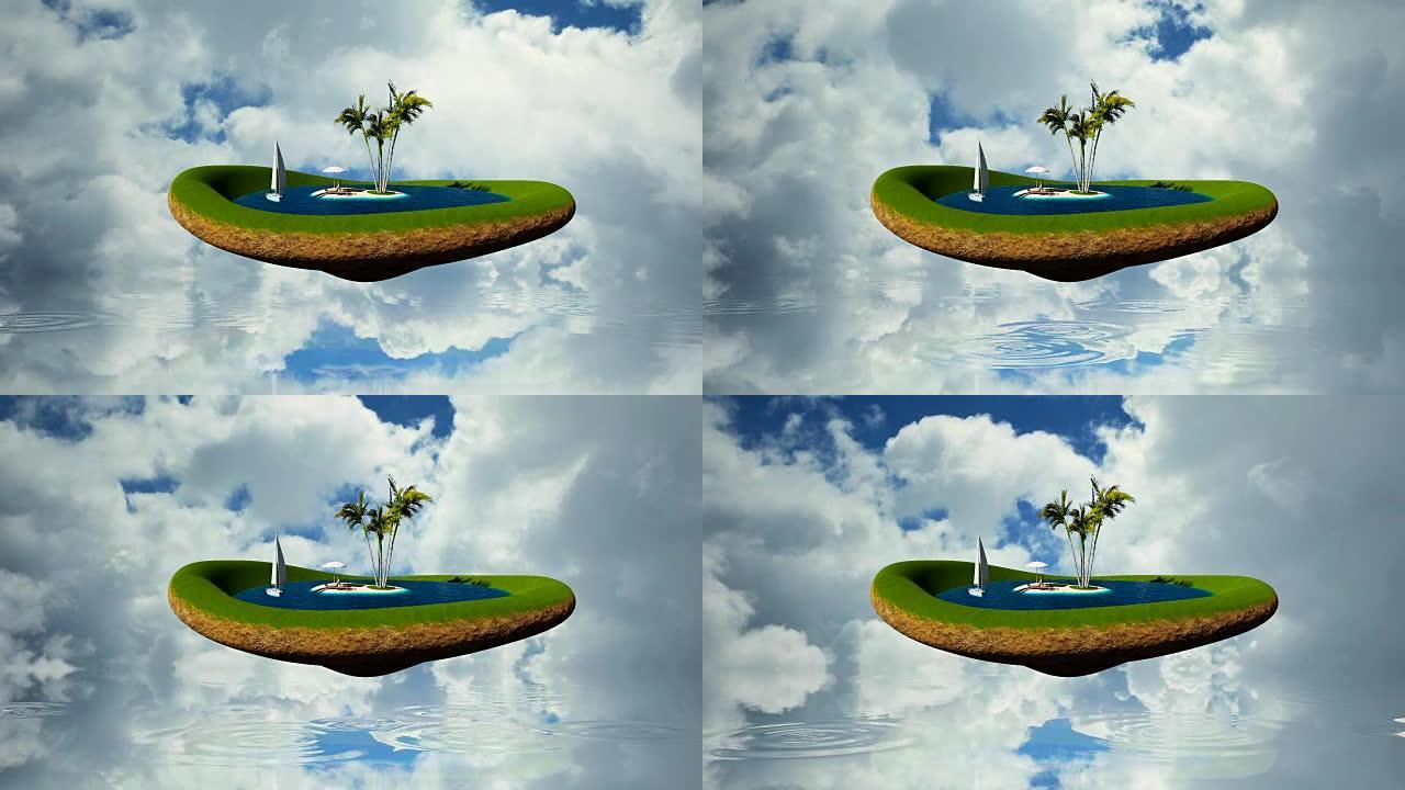 热带岛屿，有水，棕榈树和女人在沙滩上休息，抵御时光倒流的云