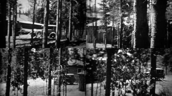 1934: 福特模型一辆汽车驶过小木屋穿过松树森林。