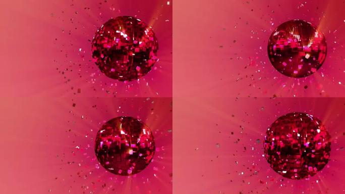 3d抽象循环动画背景: 脉动旋转的辉光迪斯科球，由红色-粉红色-猩红色的立方体组成。反射光线。
