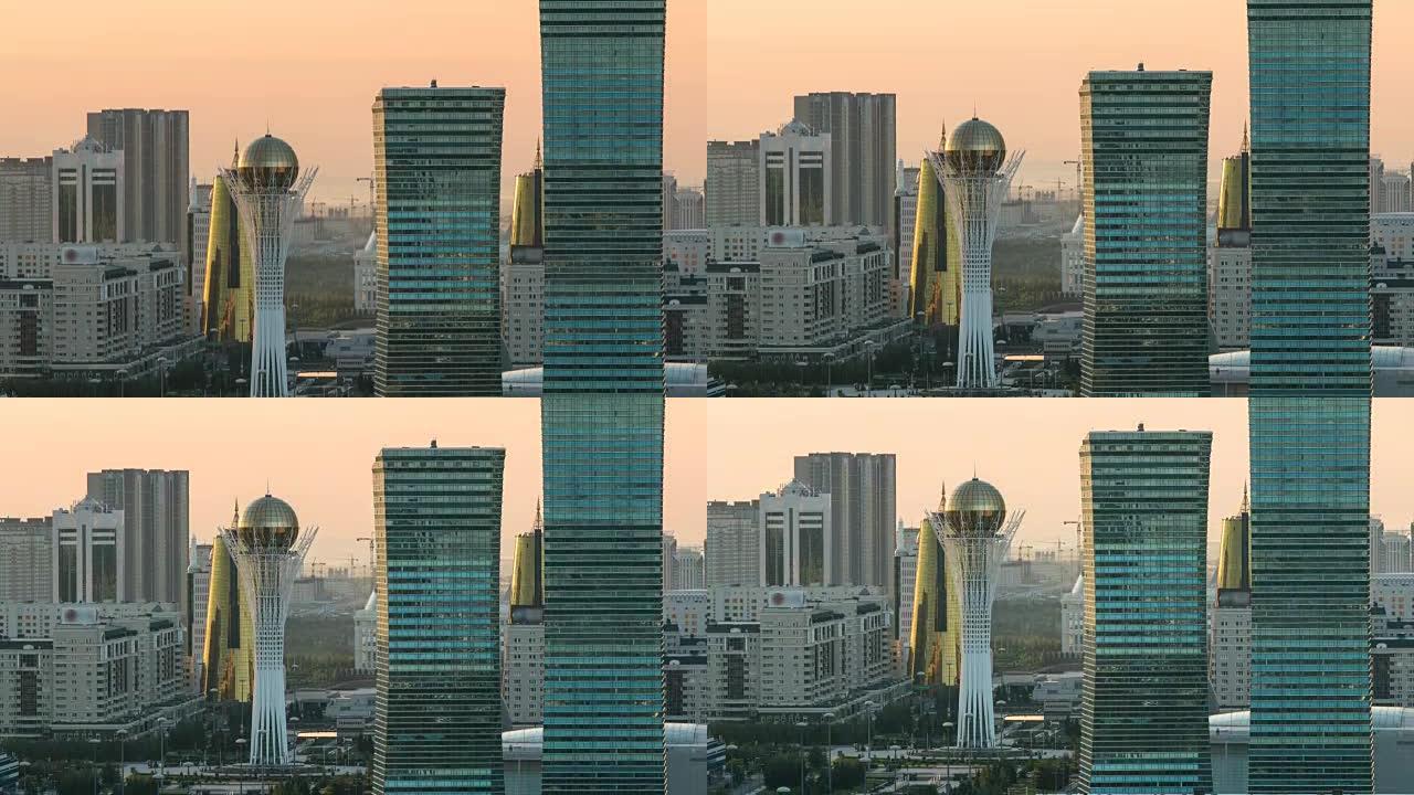 市中心和中央商务区的高架晨景，哈萨克斯坦，阿斯塔纳