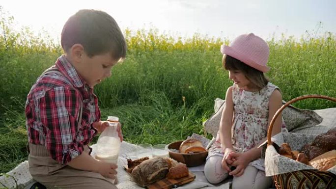 绿色草坪上的朋友，野餐时的孩子，大自然中有食物的男孩和女孩，新鲜空气中的快乐孩子，男孩将牛奶倒入女孩
