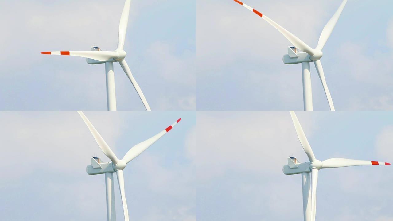 风能涡轮机特写，可再生电能，在蓝天下白云