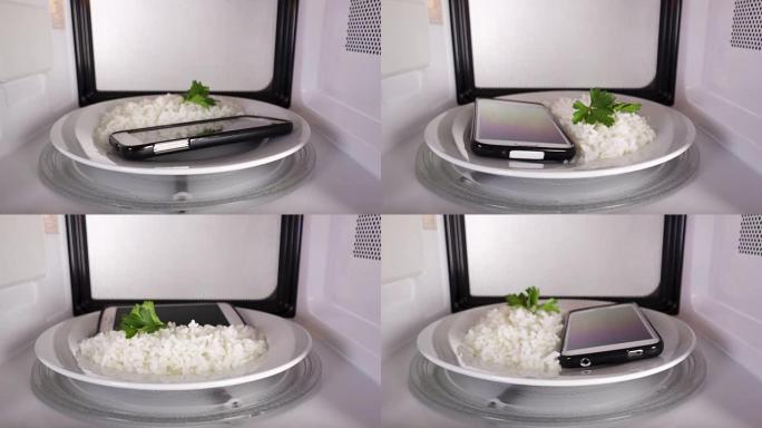 手机上的米饭放在微波炉加热的盘子上