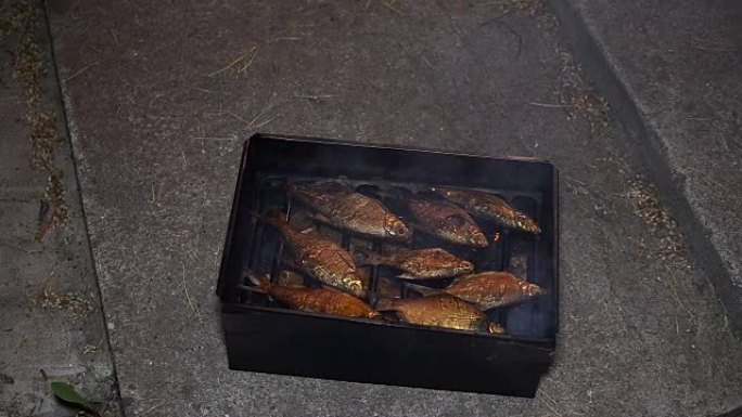 晚上在户外在火上煮鱼