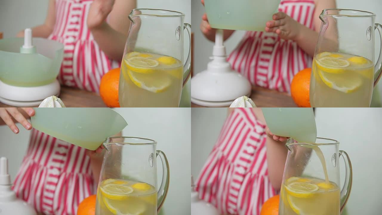 做柠檬水的女孩。女孩将榨汁机的果汁倒入玻璃杯中