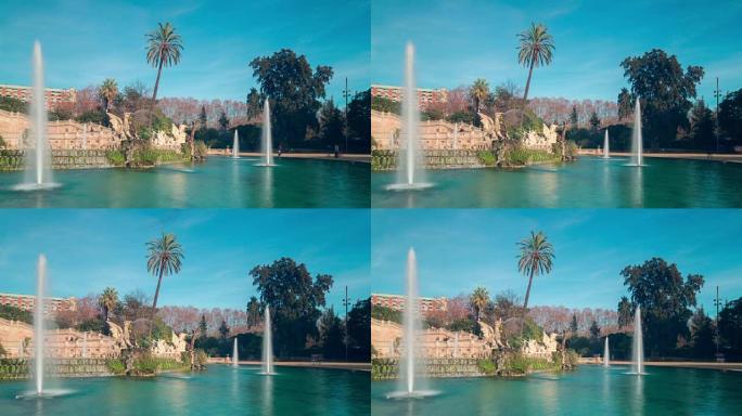 西班牙城市公园喷泉全景太阳灯4k延时