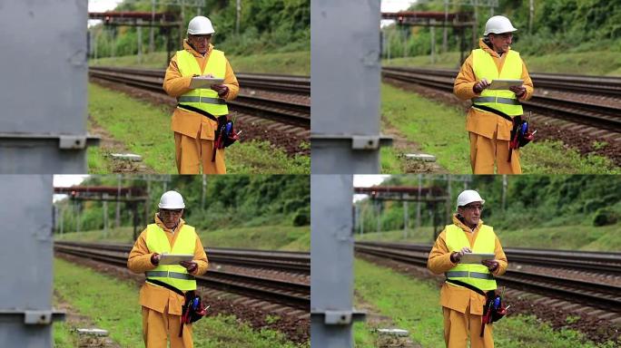 铁路人在平板电脑上做笔记