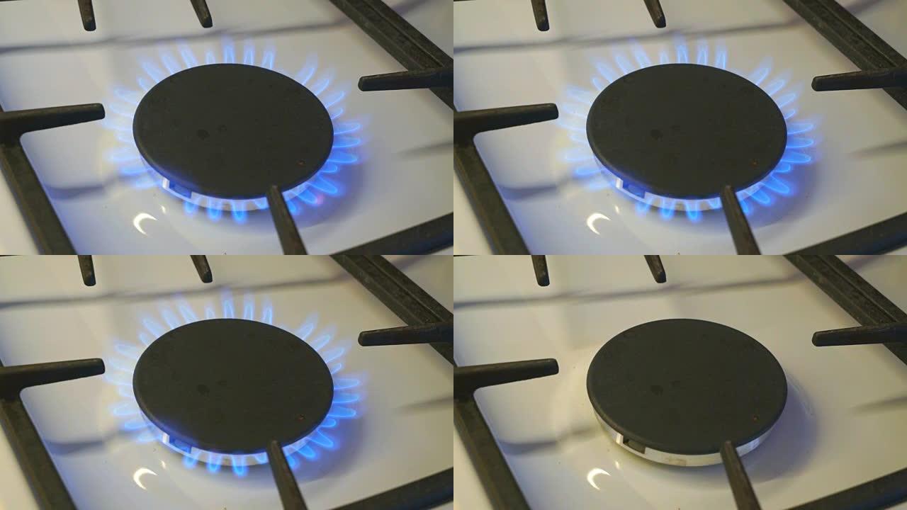 一个燃气燃烧器在燃气灶上燃烧蓝色火焰