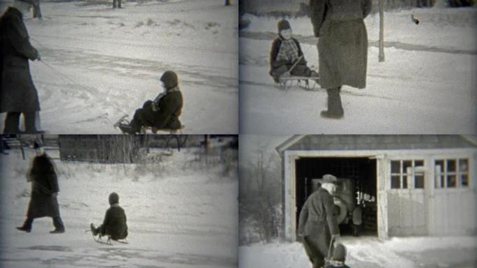 1938: 爸爸在院子里拉着女儿在冬天的雪橇上走来走去。