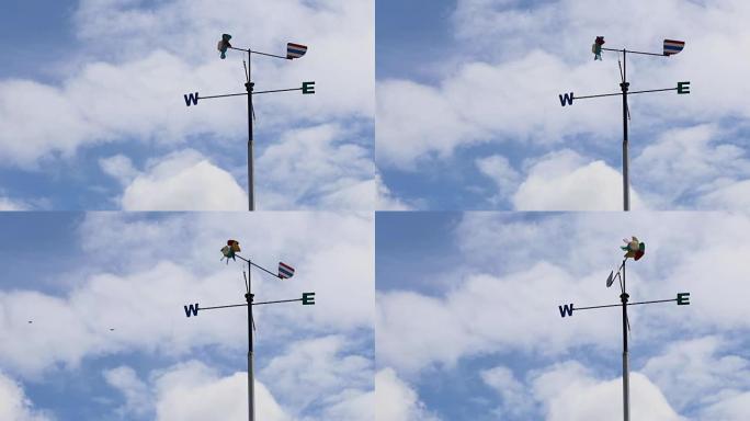 风向或风向标与北、南、东、西标志或符号在蓝天背景
