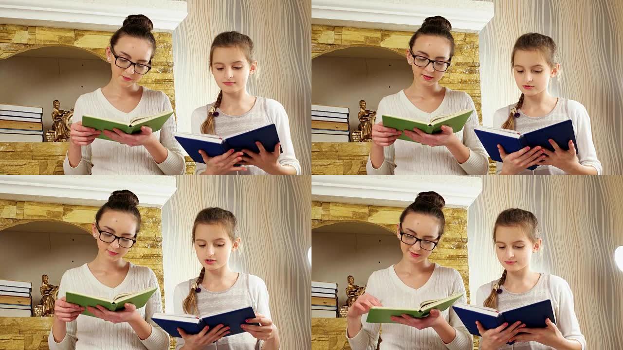 女儿在壁炉旁做作业，女孩看书，孩子们一起度过空闲时间