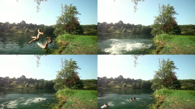 三个年轻朋友跑着跳进河里