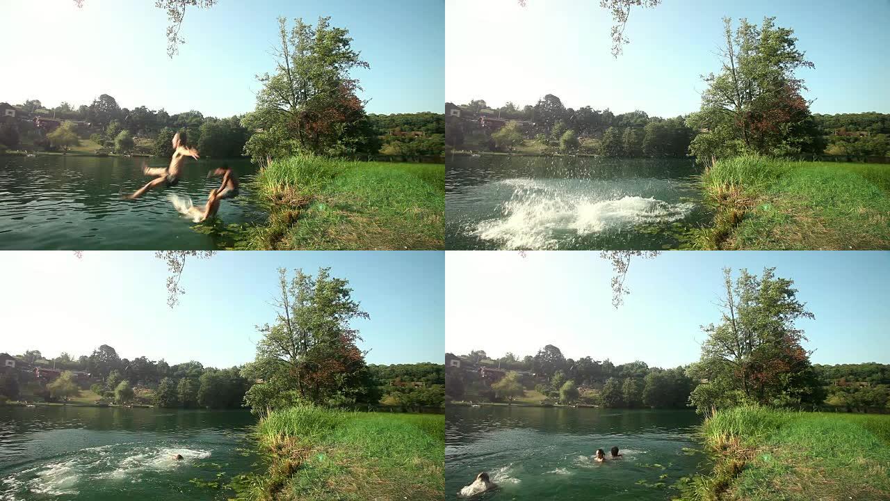三个年轻朋友跑着跳进河里