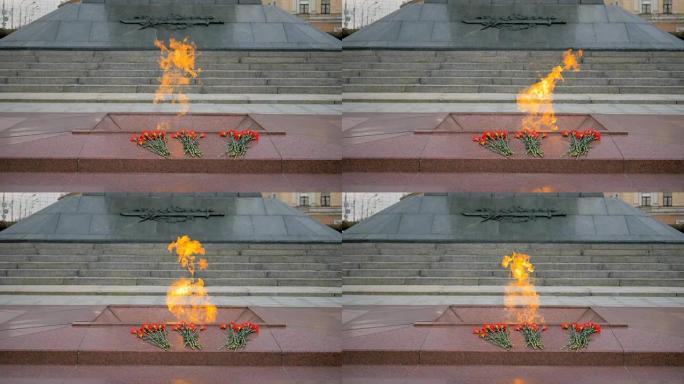 白俄罗斯明斯克胜利广场上的永恒火焰-慢动作180 fps