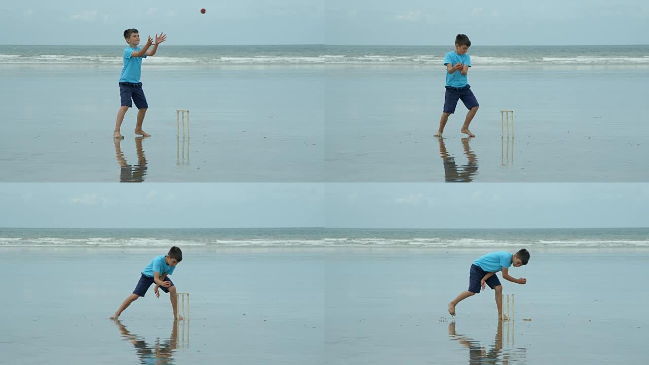 一个小男孩在打板球时，检票口门将接球并击中树桩。
