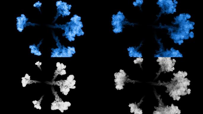 荧光蓝色墨水或烟雾形成的恒星，在慢动作中隔离在黑色上。在水中混合颜色。用于墨水背景，墨水效果。阿尔法