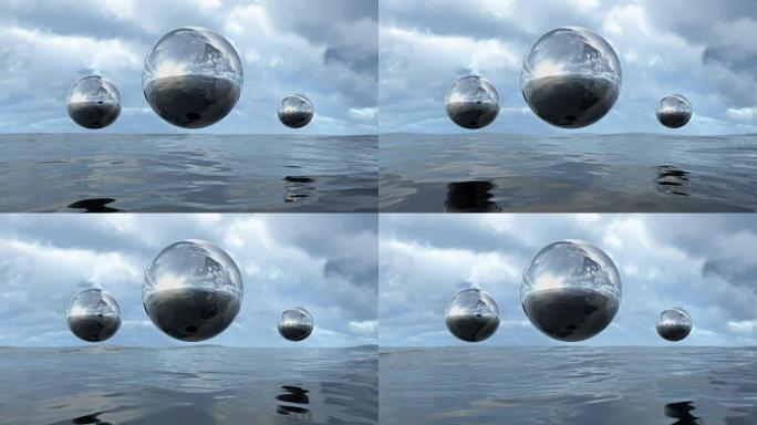 水环上方的动画抽象液体透明球体。3D渲染