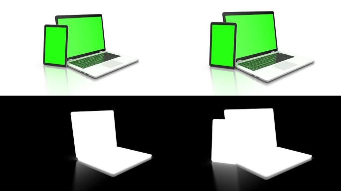 绿色屏幕的现代笔记本电脑和平板电脑。白色背景上的动画。