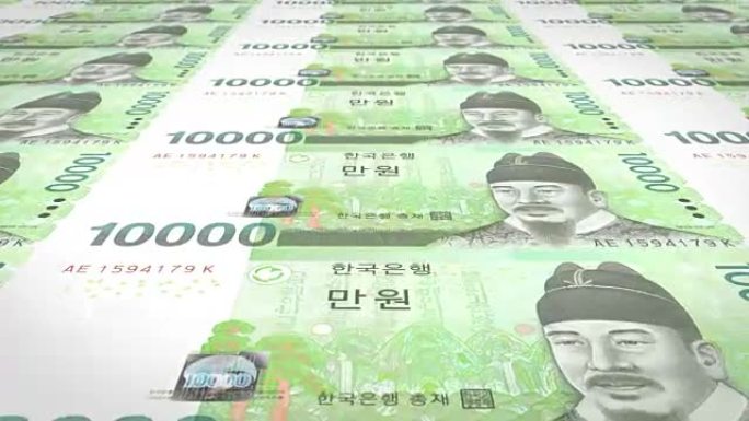 一系列的纸币的10,000 wons的韩国银行滚动屏幕，硬币的世界，现金货币，循环