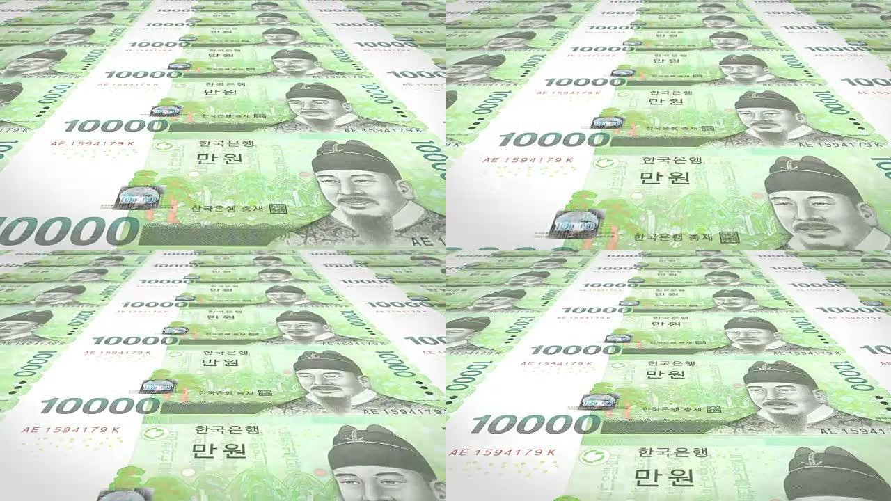 一系列的纸币的10,000 wons的韩国银行滚动屏幕，硬币的世界，现金货币，循环