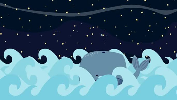 卡通鲸鱼在繁星点点的夜晚背景下在海里游泳