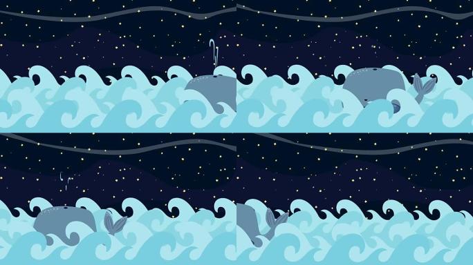 卡通鲸鱼在繁星点点的夜晚背景下在海里游泳