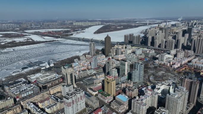 原创 哈尔滨市城市高楼天际线航拍风光