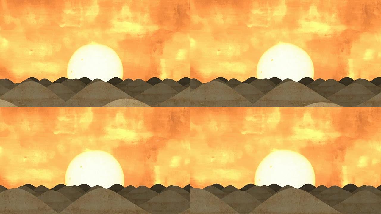 日落或日出时动画卡通沙漠沙丘