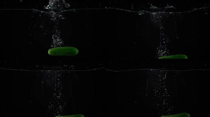 绿色黄瓜落水，超慢动作特写视频