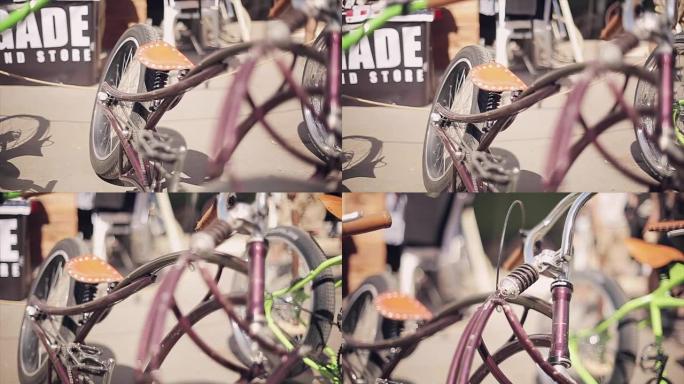 由许多不同细节制成的不寻常的彩色自行车视图。夏天阳光明媚的日子。车辆