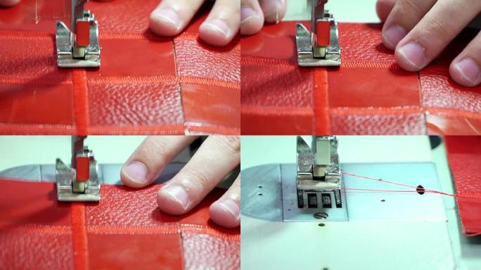 概念工厂生产真皮商品。在缝纫机上缝合红色皮革特写