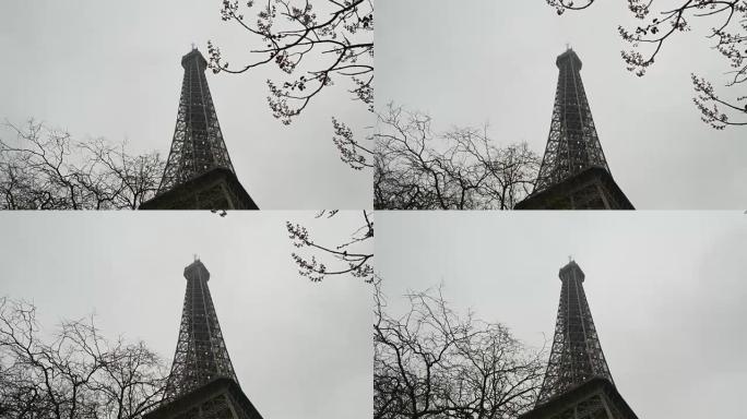 法国雨天巴黎市著名的埃菲尔铁塔步行顶视图4k