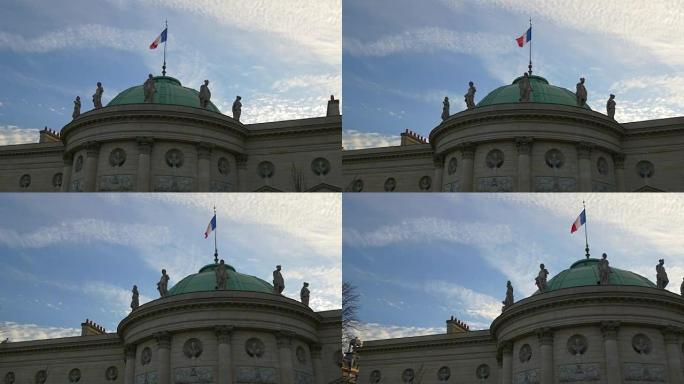 法国晴天日落时间巴黎市屋顶旗帜研究所全景4k