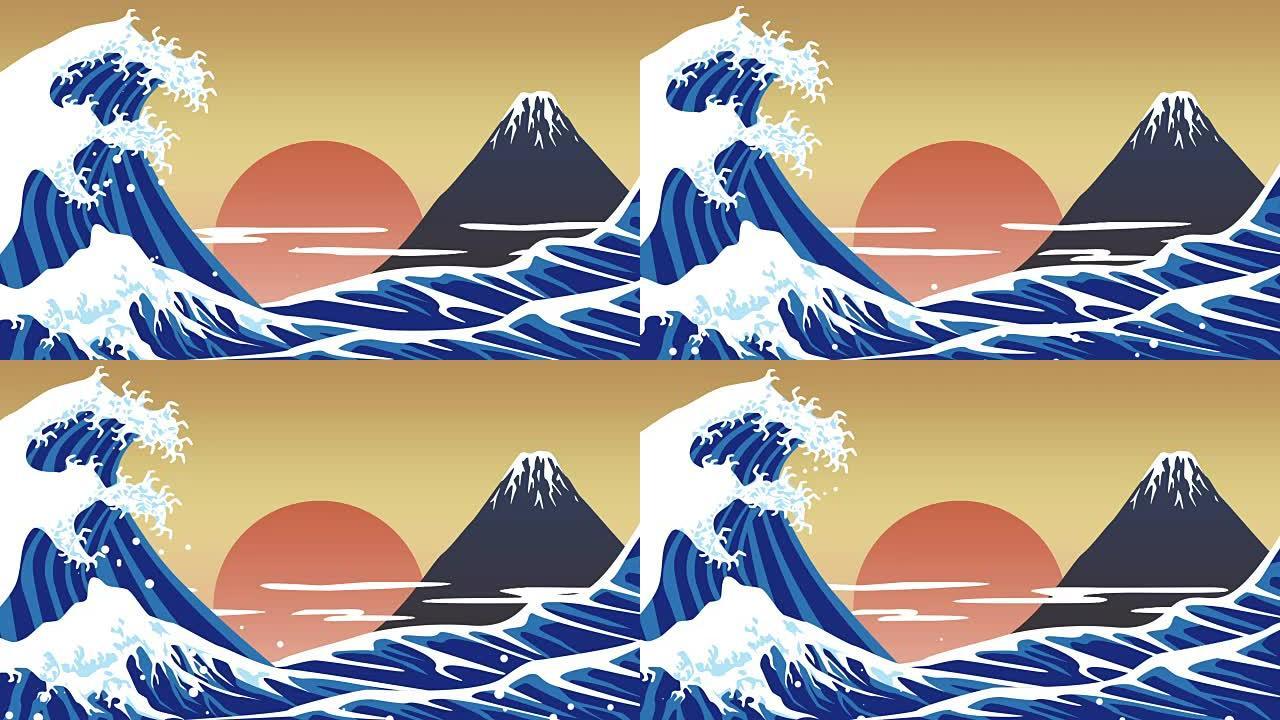 拥有美丽大海的富士山，日本，卡通