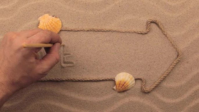 用绳子制成的指针在沙子上手写的欢迎题词
