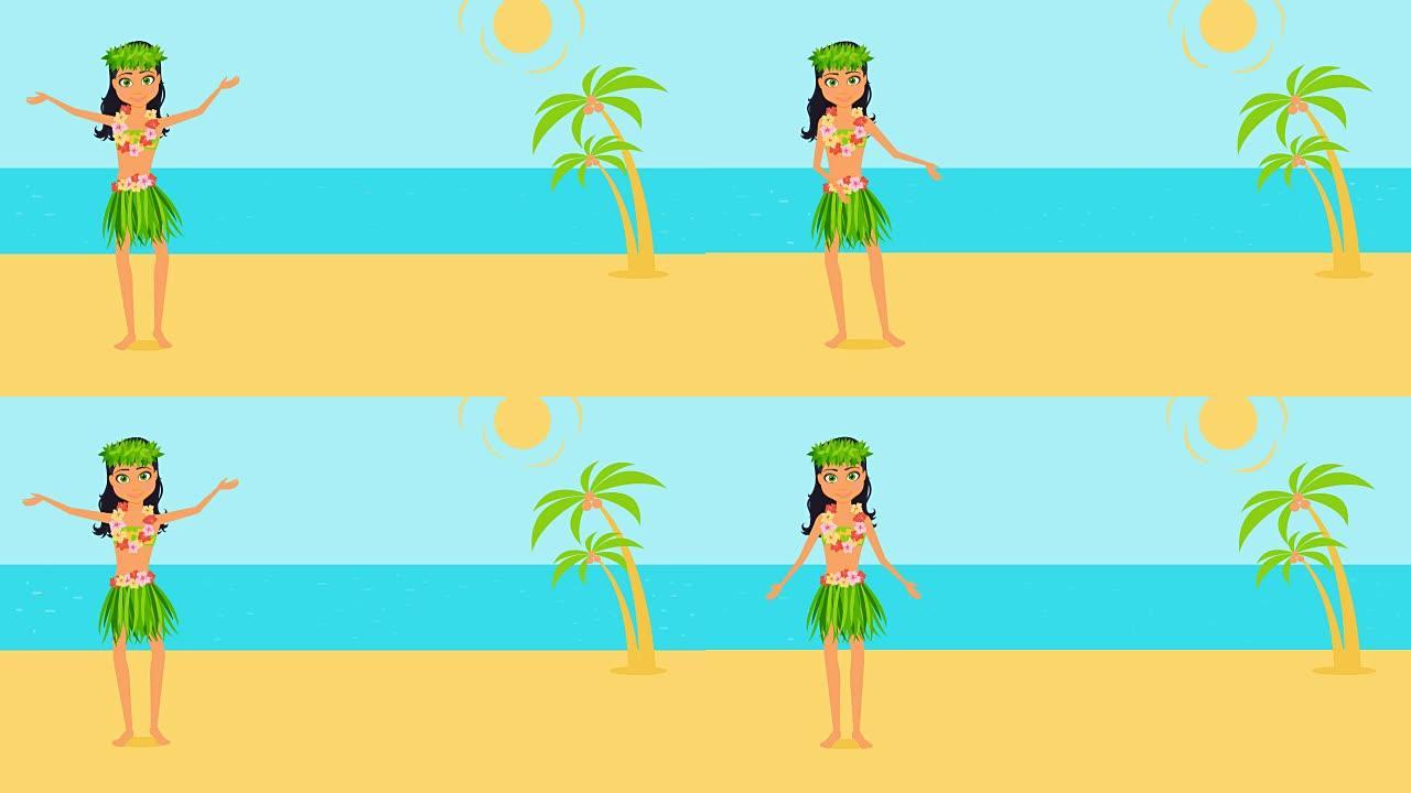 民族服装中的女孩角色在热带海滩上跳舞草裙舞。动画卡通女人平面插图。夏威夷的假日旅行。蓝色的海洋，棕榈