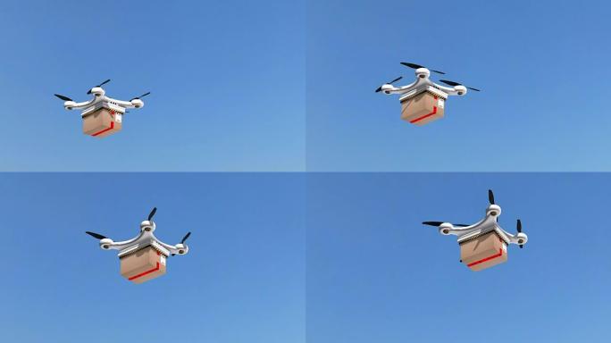 无人机四轴飞行器在蓝天下飞行，并提供包裹-几乎是自主的无人机交付