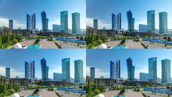 哈萨克斯坦首都阿斯塔纳的新商业区从屋顶延时