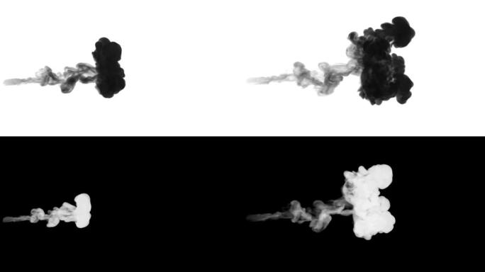 一股墨水流，注入黑色染料云或烟雾，墨水以慢动作注入白色。黑色在水中传播。漆黑的背景或烟雾背景，用于墨