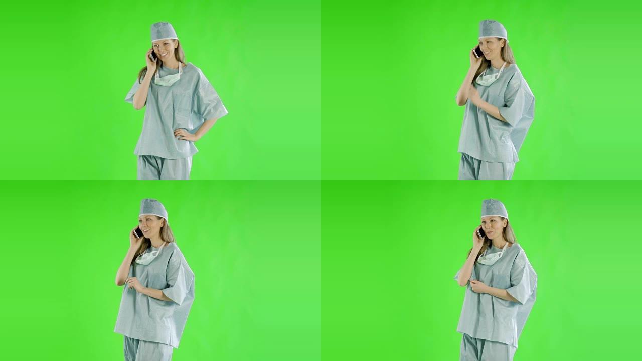 白人妇女greenscreen削减了医生保健护士的磨砂膏