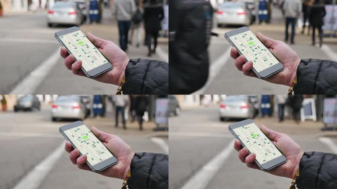 女人看着智能手机上的乘车共享交通模式