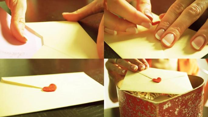 女孩密封一封浪漫的信并将其放入心形盒子中