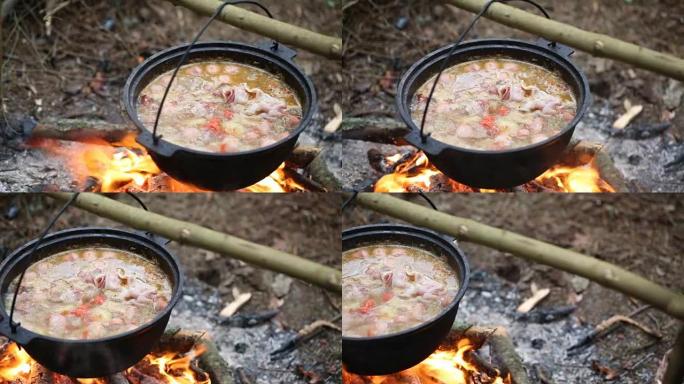 在火上的锅里煮汤