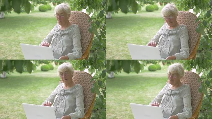 老年妇女在笔记本电脑上聊天。