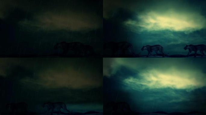 两只母狮在闪电风暴下行走的动画
